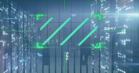Image of financial data processing and moving columns over cityscape. Global business, finances and...
