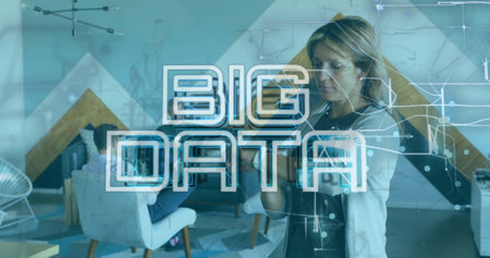 Image of big data text and navigation pattern over caucasian woman using smartwatch. Digital composite, multiple exposure, direction, business, dataset and technology concept.の写真素材