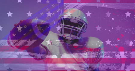 Image of african american american football player and flag of usa. American patriotism, sports and competition concept digitally generated image.の写真素材