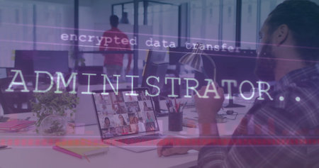 Image of multiple texts, graph over diverse coworkers sharing ideas during image call on laptop. Digital composite, multiple exposure, report, business, technology, planning and teamwork concept.の写真素材