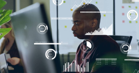 Image of data processing over diverse business people in office. Global finance, business, connections, computing and data processing concept digitally generated image.の写真素材