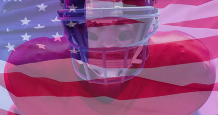 Image of caucasian american football player and flag of usa. American patriotism, sports and competition concept digitally generated image.の写真素材