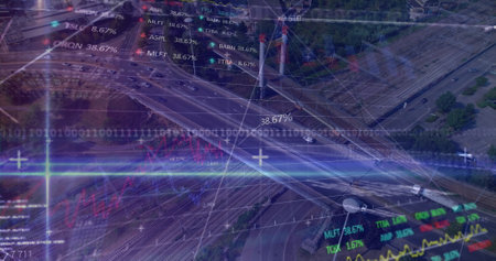 Image of binary coding and data processing over grid. Global farming business digital interface technology and networking concept digitally generated image.の写真素材