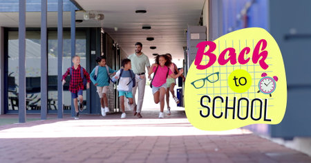 Running towards school entrance, children excited with back to school image. education, students,...