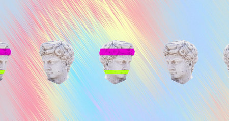 Image of ancient sculpture heads moving over multi coloured background. Art, history, colour, pattern, shape and movement concept digitally generated image.の写真素材
