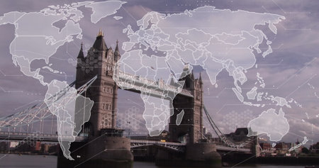 Image of world map and data processing against view of london bridge. Global networking and business technology conceptの写真素材