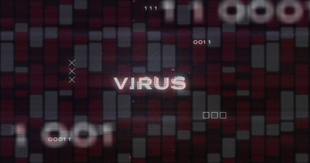 Image of virus text, circuit board texture, binary codes over red and white bars in background. Digitally generated, hologram, danger, coding, machine learning and technology concept.の写真素材
