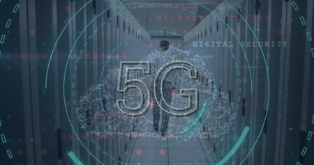 Image of 5g text and security padlock icon against male engineer walking in server room. Global...