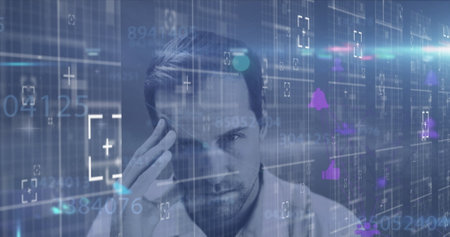 Image of icons and data processing over worried businessman. Global business, finance, computing and...
