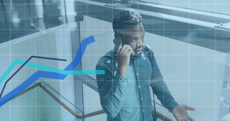 Image of financial data processing over african american businessman using smartphone. Global...