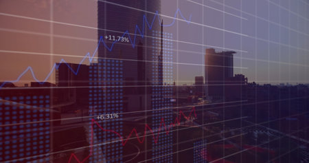 Image of financial data processing over cityscape. Global technology and digital interface concept...