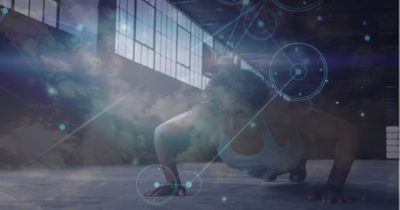 Image of network of connections over woman running exercising in forest. Global sports fitness...