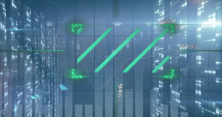 Image of financial data processing and moving columns over cityscape. Global business, finances and...