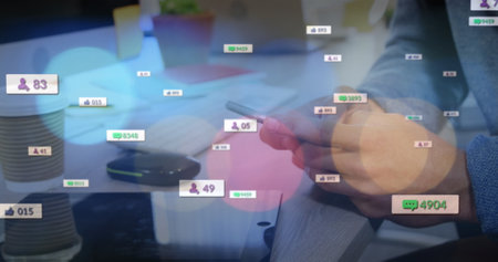 Image of social media icons and spots of light over mid section of businessman using smartphone. Social media networking and business technology conceptの写真素材