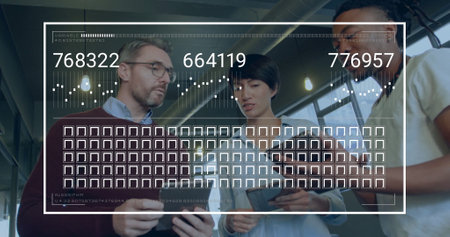 Image of data processing over diverse business people in office. Global finance, business, connections, computing and data processing concept digitally generated image.の写真素材