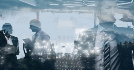 Image of binary coding data processing over diverse business people in office. Global finance, business, connections, computing and data processing concept digitally generated image.の写真素材