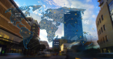 Image of circuit board pattern on map, low angle view of buildings and time-lapse of vehicles....