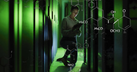 Image of scientific data processing over caucasian female it technician by servers. Global science,...