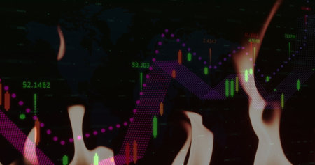 Image of financial data processing over lit matches. Global finance, business, connections, computing and data processing concept digitally generated image.の写真素材