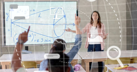 Image of ai data processing over diverse students at school. Artificial intelligence, education, connections, computing and data processing concept digitally generated image.の写真素材