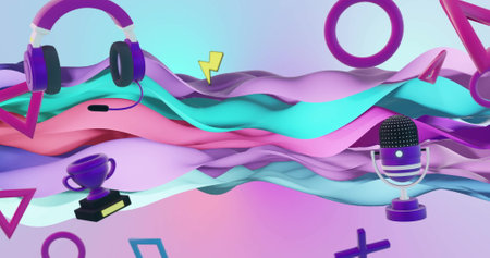 Image of image game items moving over waving multi coloured background. image game, colour, pattern, shape and movement concept digitally generated image.の写真素材