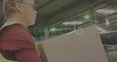 Man in warehouse walking, DOWNLOAD text image over scene. Logistics, inventory, supply chain, industrial, storage, distributionの写真素材