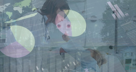 Image of statistics and financial data processing over delivery man and van. Global business finance economy and technology concept digitally generated image.の写真素材