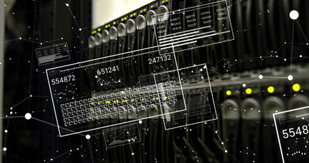 Image of white spots and data processing over server room. Global technology and digital interface...