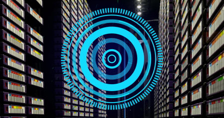 Image of blue round scanner spinning against computer server room. Computer interface and business data storage technology conceptの写真素材