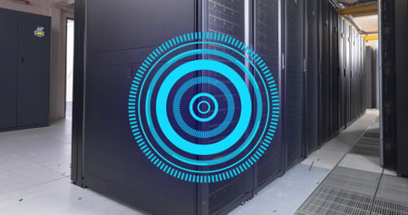 Image of blue round scanner spinning against computer server room. Computer interface and business...
