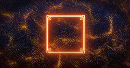 Image of neon frame over orange shapes on black background. Abstract background, pattern, colour and...