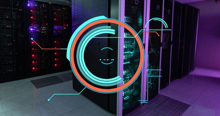 Image of round scanner against computer server room. Computer interface and business data storage...