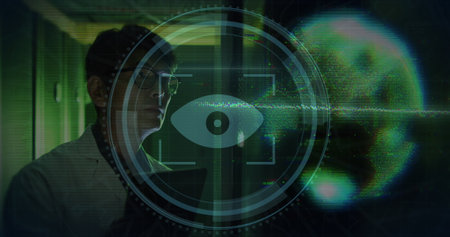 Image of data processing with asian male it technician by computer servers. Global computing, digital interface and data processing concept digitally generated image.の写真素材