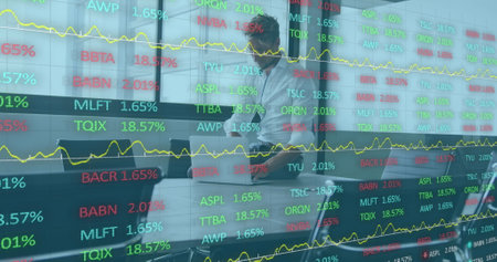 Image of financial data processing over caucasian businessman in office using laptop. Global...