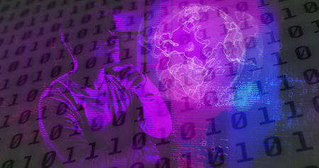 Image of binary coding data processing with african american man in vr headset. Global computing, digital interface and data processing concept digitally generated image.の写真素材