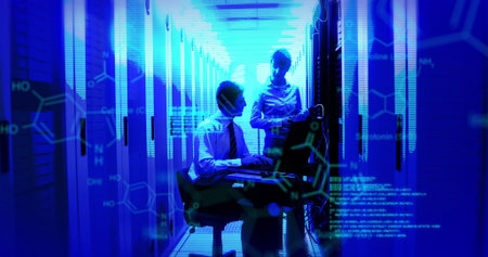 Image of data processing over diverse it technicians by computer servers. Global computing, digital...
