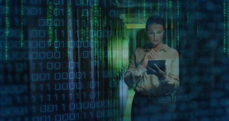 Image of binary coding data processing with caucasian female it technician by computer servers. Global computing, digital interface and data processing concept digitally generated image.の写真素材
