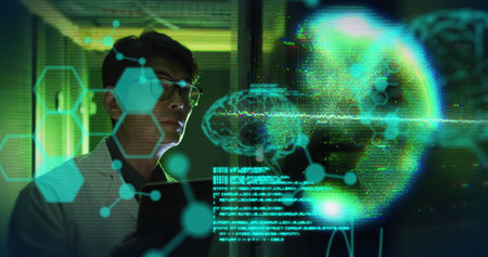 Image of globe and data processing with asian it technician by computer servers. Global computing, digital interface and data processing concept digitally generated image.の写真素材