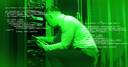 Image of data processing over caucasian male it technician by computer servers. Global computing,...