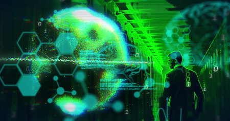 Image of data processing over caucasian man by computer servers. Global computing, digital interface and data processing concept digitally generated image.の写真素材