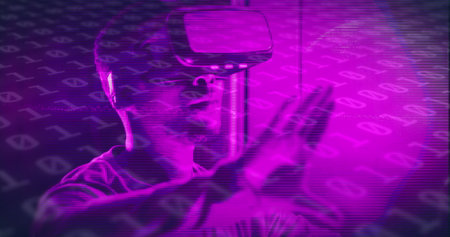 Image of binary coding data processing over african american man wearing vr headset. Global computing, digital interface and data processing concept digitally generated image.の写真素材