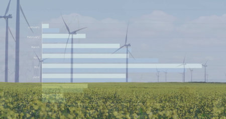 Image of data processing and diagrams over wind turbines on field. Global business and ecology...
