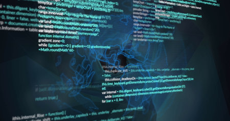 Image of data processing over spinning globe against black background. Global networking and business technology conceptの写真素材
