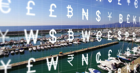 Image of multiple currency and grid pattern over aerial view of parked boats at dock. Digital composite, multiple exposure, finance, business, banking, transportation and technology concept.の写真素材
