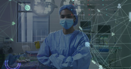 Image of network with medical icons over biracial female surgeon. Global healthcare, science,...