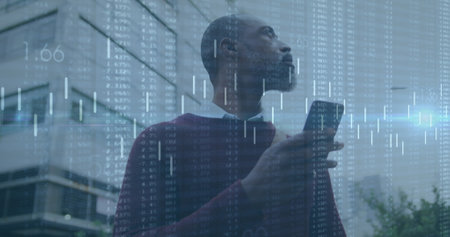 Image of changing numbers and graph, senior african american man with bicycle using cellphone....