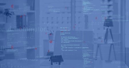Image of data processing over work station in office. Global finance, business, connections, computing and data processing concept digitally generated image.の写真素材