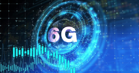 Image of illuminated circle with 6g text, multiple graphs and sustainable resource icons. Digitally generated, telecommuting, network, business, report, modern, renewable, recycling, technology.の写真素材