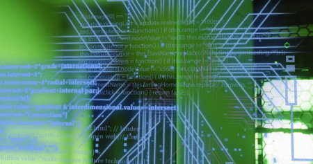 Image of circuit board and data processing over computer servers. Global business, connections, computing and data processing concept digitally generated image.の写真素材