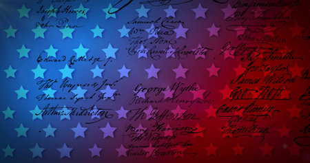 Image of stars over text on colourful background. Patriotism and celebration concept digitally...